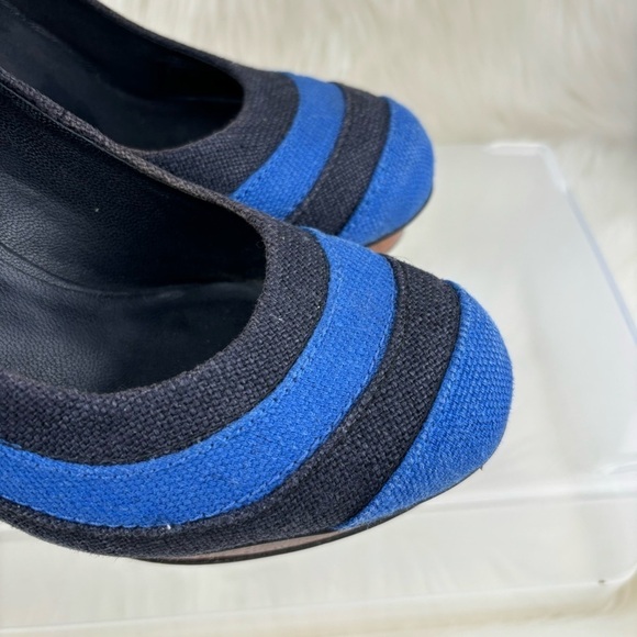 TORY BURCH JOELLE BLUE STRIPE WOOD PLATFORMS PUMPS - Picture 5 of 14
